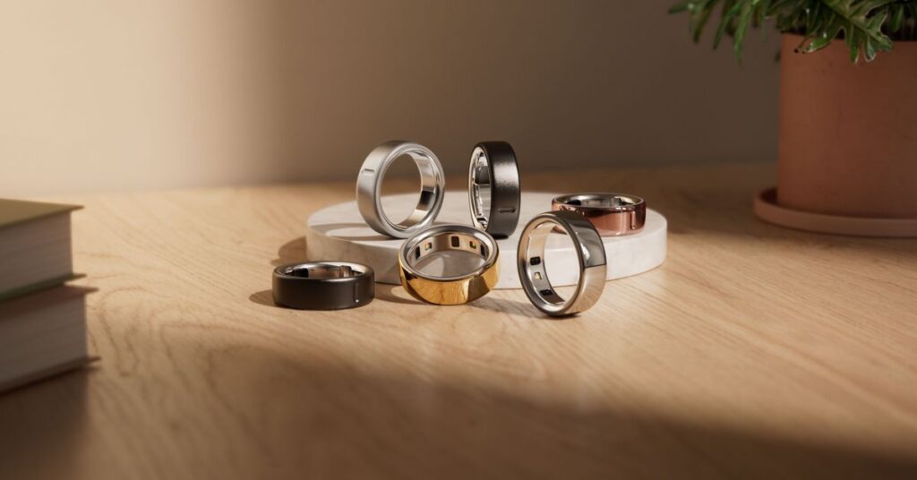 Various versions of Oura Ring 4 on a table